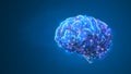 Human Brine. Organ anatomy, neurology, healthy body concept. Polygonal image on blue neon background. Low poly, wireframe, digital