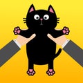 Human businessman hand holding black cat Funny face, paw print, mustaches. Cute cartoon character. Kawaii animal. Love card. Adopt Royalty Free Stock Photo