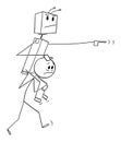 Human Carrying Robot on his Shoulders , Vector Cartoon Stick Figure Illustration