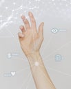 Human Chipping, Multi passport, Identification, Digitalization and Vaccination Concept. Hand With Implanted Chip Containing Inform