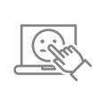 Human chooses laptop a neutral face line icon. Customer dissatisfaction, indifferent feedback symbol.