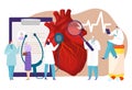 Human circulatory system, patient heart disease, medical research, cardiology department, tiny cartoon style vector