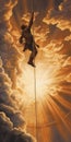 Human climbing a rope to heaven. Beautiful illustration picture. Generative AI