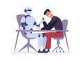 Human competing with robot in arm wrestling. Man versus artificial intelligence, confrontation sitting at table Royalty Free Stock Photo