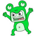 The human in the costume of a frog monster tries to frighten him, doodle icon image kawaii