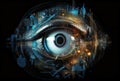 Human cyborg eye merged with computer elements, augmented reality metaphor. Generative AI illustration Royalty Free Stock Photo