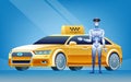 Human cyborg standing near the smart autonomous car taxi.