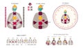 Human Design BodyGraph chart. Nine colored energy centers planets, variables. Inner authority. Five types generator