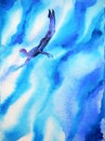 Human diving in abstract deep blue ocean sea, cloud sky of mind