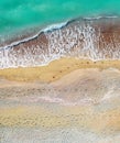 Human and dog footprints on a sandy shore along the sea, aerial vertical shot directly above Royalty Free Stock Photo