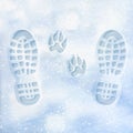 Human and dog footprints on surface white winter snow. Overhead view. Texture of snow surface. Vector illustration Royalty Free Stock Photo