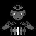 Human domination by AI android illustration vector, black and white color, minimalist style.