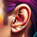 Human ear close-up drawing, bright colorful style, auricle drawing, ear beauty and decor
