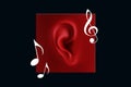 Human ear close-up in red. Symbol, icon, music streaming, music app, podcast, audio book. Modern design, magazine style, 3D render Royalty Free Stock Photo