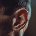 Human ear closeup, male ear macro photo, detailed human auricle anatomy, auditory organ, wiretapping