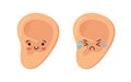 Human ear kawaii happy and sad characters. Healthy and sick ear. Healthy organ of hearing. Otitis and other diseases