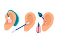 Human ears with aerophone,cotton swab and pipette.Hearing protection.Deafness prevention and otolaryngology.Personal hygiene routi