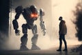 A human encounters a giant robot. Generative AI Royalty Free Stock Photo