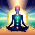 Human energy body, aura, chakra in meditation. Meditating human in lotus pose. Yoga illustration, human practicing yoga.. Royalty Free Stock Photo