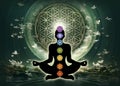 Human silhouette in yoga lotus pose with 7 Chakras Symbols and Flower of Life. Royalty Free Stock Photo