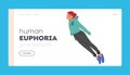 Human Euphoria Landing Page Template. Female Character Flying In Mid-air With Arms And Body Perfectly Balanced
