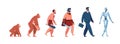 Human evolution, monkey, caveman, businessman, cyborg. Male character evolving from ancient ape to modern man and robot Royalty Free Stock Photo