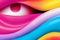 human eye with abstract curved lines in red and blue and yellow colors as background, 3d digital art style Royalty Free Stock Photo