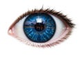 A human eye with blue iris features a digital composition of a city skyline reflected within it. Royalty Free Stock Photo