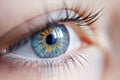 human eye with blue iris, long eyelashes, Blue woman eye macro, Macro image of human eye