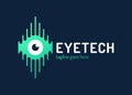 Human eye with circuit board, tech logo emblem. Concept for CCTV. Vector human tech eye logo, sign, emblem design element