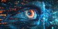 Human eye close-up on blue tech background, hacker face and digital data pattern. Concept of cyber security, technology, future,