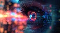 Human eye close-up on neon tech background, hacker face and digital data pattern. Concept of cyber security, technology, future,