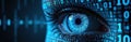 Human eye, composed of blue binary code digits, looks forward. Digital data streams form pupil iris. Cybernetic vision concept, Royalty Free Stock Photo