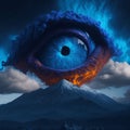 human eye, defined blue volcano erupting into the sky in the background. AI generated
