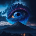 human eye, defined blue volcano erupting into the sky in the background. AI generated