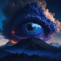 human eye, defined blue volcano erupting into the sky in the background. AI generated