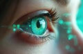 Human eye displays digital data stream on iris. Futuristic vision technology connects to augmented reality interface. Cybernetic Royalty Free Stock Photo