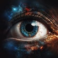 Human eye on galaxy background, close up. Blue, cyan, brown, red colors. Long black lashes, red blood vessels. AI