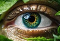 Human eye with green-blue iris close-up eye looks through the green foliage Royalty Free Stock Photo