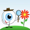 Human eye in hat with magnifying glass in hands Royalty Free Stock Photo