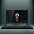 Human eye in the keyhole and a laptop. Cybercrime. Stock