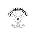 Human eye logo. Ophthalmology label logo emblem. Test your eyes inscription. Vector. Royalty Free Stock Photo