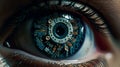 Human eye with micro chip, bionic human, humanoid, AI technology