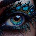 Human eye with peacock feathers glued to the eyelashes, close-up, unusual beauty design, Mike-up. Royalty Free Stock Photo