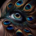 Human eye with peacock feathers glued to the eyelashes, close-up, unusual beauty design, Mike-up. Royalty Free Stock Photo