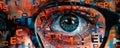 Human eye peering through glasses, surrounded by an array of floating, three-dimensional letters in a cryptic pattern