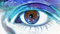 Human eye revealing advanced technological visualization, streaming digital data and augmented reality information