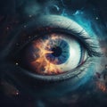 Human eye and space. Big eye with flame inside pupil and black eyelashes. Blue mystique galaxy background. Universe, God Royalty Free Stock Photo