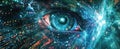 Human eye in space of digital data, abstract network information background for cyber security and AI theme. Concept of computer Royalty Free Stock Photo