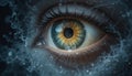 Human Eye with Golden Iris Surrounded by Bubbles on Dark Background Royalty Free Stock Photo
